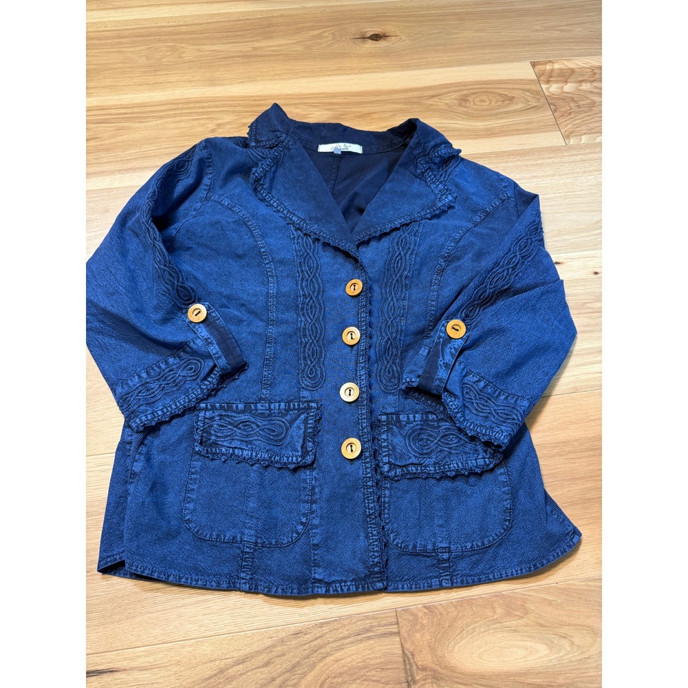 Giocam Embroidered Cotton Jacket Women L Blue Soutache Button Front 3/4 Sleeve